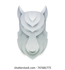 Dog or wolf head in trendy paper cut craft graphic style. Modern design for advertising, branding greeting card, cover, poster, banner. Vector illustration.