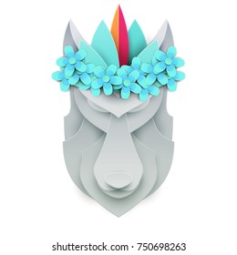 Dog or wolf head with wreath of flowers in trendy paper cut craft graphic style. Modern design for advertising, branding greeting card, cover, poster, banner. Vector illustration.