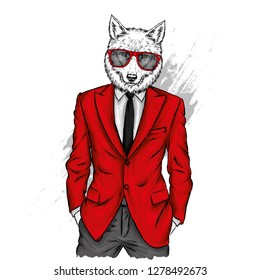 A dog or wolf with a human body in a jacket. Vector illustration. Hipster. Clothes and accessories. A man in a business suit.