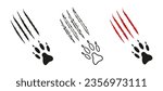 Dog or Wolf Paw print with scratches. Black Silhouette, contour, red color. Claw marks, cuts, wounds. Paw of wild animal, coyote, fox, tiger, lion, cat, puma, leopard cheetah jaguar Vector isolated