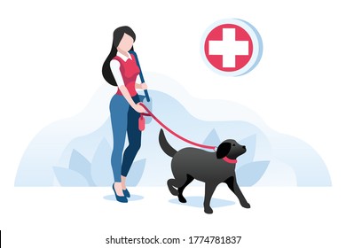 Dog and woman, animals at veterinarian clinic. Girl with pet, people on dog care. Walking puppy, pet at clinic for animals. Puppy character, cartoon concept Isometric Illustration Vector Design.