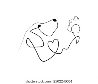 Dog and woman one line drawing Continuous line drawing of woman happy pet lover