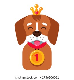 The Dog Won First Place In The Competition. Flat Character Vector Illustration.