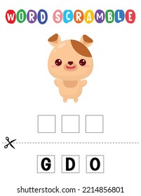 Dog Word scramble . Educational game for kids. English language spelling worksheet for preschool children
