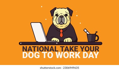 dog work at the table with a cup coffe and laptop. dog with work suit isolated on orange background to celebrate national take your dog to work day. vector eps