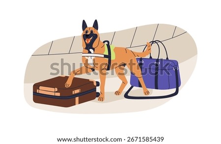 Dog working at border and customs control, sniffing luggage, bags, searching. Trained canine animal at service for detection contraband, drugs. Flat vector illustration isolated on white background