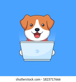 Dog working on computer laptop animal employee vector outline illustration mascot