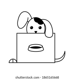 Dog works at the computer, laptop, notebook. Black and white icon.
