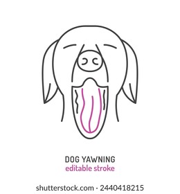 Dog yawning. Dogs yawn. Canine drowsiness icon, pictogram, symbol. Doggy tiredness. Veterinarian concept. Editable isolated vector illustration in outline style on a white background