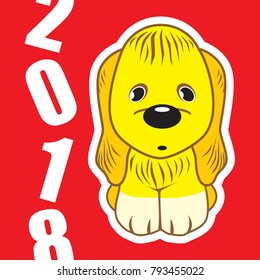 The dog is yellow against the background of the numbers 2018.