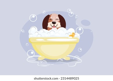 Dog in the yellow bathtub on purple background.