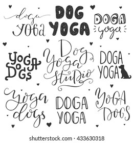 Dog yoga lettering. Logo for dog yoga studio. Hand drawn lettering. Yoga logo. Yoga for dogs. Vector yoga illustration. Logo for yoga with dog. Dog yoga lettering on white backdrop