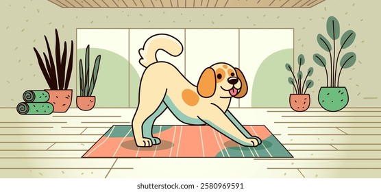 Dog yoga pose playful pet exercise. Cute dog stretching on yoga mat surrounded by plants in a cozy room. Bright colors and modern style