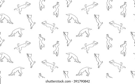 Dog yoga poses. Seamless pattern for dog yoga. Seamless background for yoga with dogs. Dog yoga. Yoga dogs. Black and white seamless dog yoga pattern. 