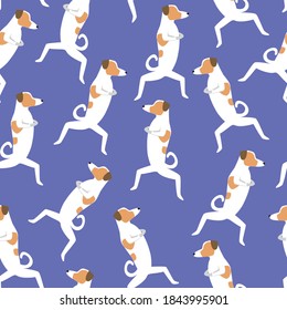 Dog and yoga seamless pattern isolated. Flat vector stock illustration. Jack russell terrier yoga like texture. Illusion or texture as seamless pattern, wallpaper, background, texture