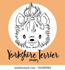 Dog, yorkshire Terrier Puppy head isolated and inscription. Vector illustration, design element for cards, banners and other