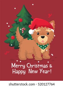 Dog Yorkshire Terrier. Puppy wearing a red Christmas hat. In the background decorated Christmas tree. Text: Merry Christmas and Happy New Year!