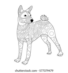 Dog. Zentangle. Stylized Dog. Freehand sketch with dog for adult anti stress coloring book page with doodle and zentangle elements. Animals for coloring book. Isolated black line on white background.