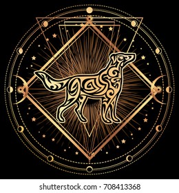 Dog. Zodiac esoteric symbol 2018 year of dog. Ethnic tribal astrology print For t-shirt, bag, postcard,and logo. Tattoo design