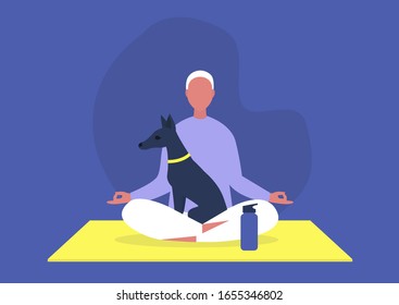 Doga, the practice of yoga as exercise with pet dogs, modern healthy lifestyle, young male character sitting in lotus position with a puppy on their lap