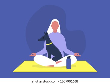 Doga, the practice of yoga as exercise with pet dogs, modern healthy lifestyle, young female character sitting in lotus position with a puppy on their lap