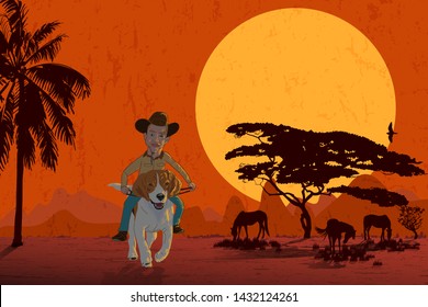 Dogboy, man riding beagle dog in the field with mountain and silhouette of tree and horse eating grass while sun is falling. vector illustration