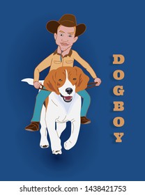 Dogboy, a man riding beagle dog on blue background with text. vector illustration.