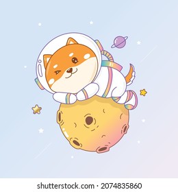 doge coin cartoon, Shiba inu top on the moon in the galaxy with stars.