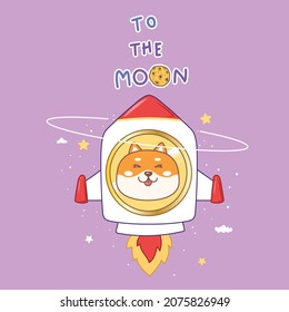 doge coin cartoon, Shiba inu in the rocket in galaxy with stars. To the moon.