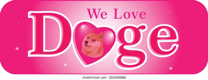 Doge coin crypto currency label with pink love heart, for web, banner, poster, etc. vector eps 10