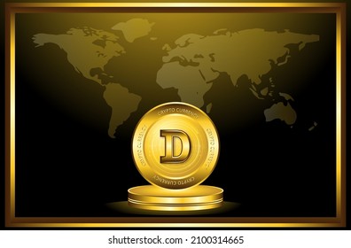 Doge coin crypto currency on stage frame art on the world map background