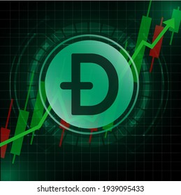 Doge Coin (DOGE) cryptocurrency value price going up concept design. Glowing Dash Coin on Green candle stick charts with black and green background.Vector Illustration.EPS10.