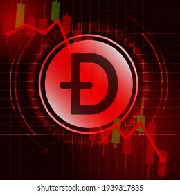 Doge Coin (DOGE) cryptocurrency value price fall drop concept design. Glowing Dash Coin on red candle stick charts with black and red background.Vector Illustration.EPS10.