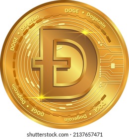 DOGE coin cryptocurrency.doge logo gold coin.Decentralized digital money concept.