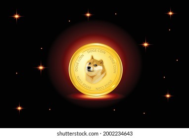 Doge coin on fire red background and stars. soge to the moon. vector eps10