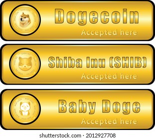 Doge coin, We accepted crypto label, Shiba Inu (SHIB), Baby doge, vector eps10