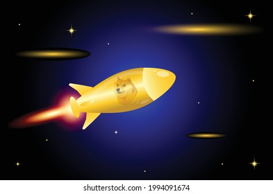 Doge Coins, Doge to the moon, crypto currency, Doge meme, Doge with rocket in galaxy golden colour. for web, banner, sign, advertising, etc. Vector eps10