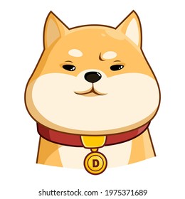 DOGE. Dogecoin cryptocurrency. Face of the Shiba Inu dog and collar of gold coins. Symbol digital currency. Vector illustration in cartoon style. Isolated on a white background.