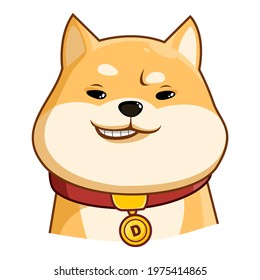 DOGE. Dogecoin cryptocurrency. Face of the Shiba Inu dog and collar of gold coins. Symbol digital currency. Vector illustration in cartoon style. Isolated on a white background.