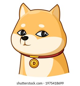 DOGE. Dogecoin cryptocurrency. Face of the Shiba Inu dog and collar of gold coins. Symbol digital currency. Vector illustration in cartoon style. Isolated on a white background.