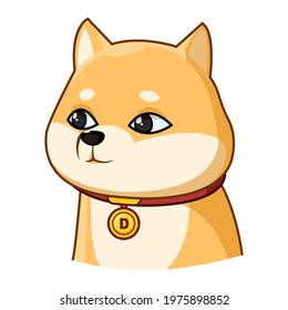 DOGE. Dogecoin cryptocurrency. Face of the Shiba Inu dog and collar of gold coins. Symbol digital currency. Vector illustration in cartoon style. Isolated on a white background.