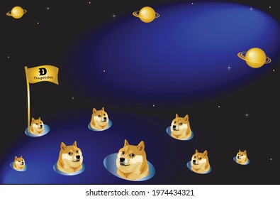 Doge to the moon, Dogecoin flag on the moon with gold and dark background, cryptocurrency market, doge coin meme, Vector illustration for card, party, design, flyer, poster, decor, banner, web, etc