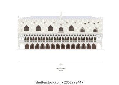 Doge palace venice detailed illustration, facade facing laguna, accurate scale model
