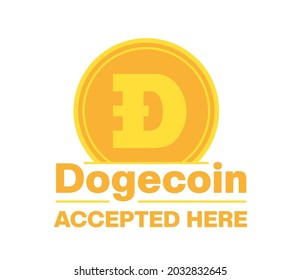 Dogecoin akzeptierte hier Zeichen, Text. DOGE. Kryptowährungssymbol, Abbildung. Dogecoin-Kryptowährung einzeln auf weißem Hintergrund. Vektorgrafik für Web, Apps, Infografiken, Banner usw.