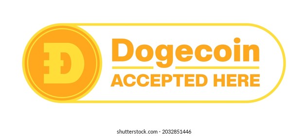 Dogecoin akzeptierte hier Zeichen, Text. DOGE. Kryptowährungssymbol, Abbildung. Dogecoin-Kryptowährung einzeln auf weißem Hintergrund. Vektorgrafik für Web, Apps, Infografiken, Banner usw.