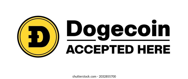 Dogecoin akzeptierte hier Zeichen, Text. DOGE. Kryptowährungssymbol, Abbildung. Dogecoin-Kryptowährung einzeln auf weißem Hintergrund. Vektorgrafik für Web, Apps, Infografiken, Banner usw.