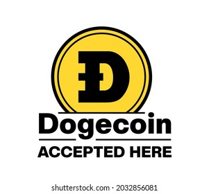 Dogecoin akzeptierte hier Zeichen, Text. DOGE. Kryptowährungssymbol, Abbildung. Dogecoin-Kryptowährung einzeln auf weißem Hintergrund. Vektorgrafik für Web, Apps, Infografiken, Banner usw.