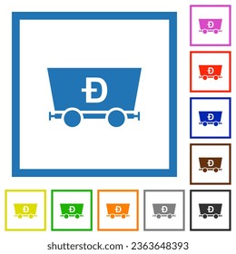 Dogecoin criptocurrency mining flat color icons in square frames on white background