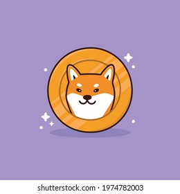 Dogecoin cryptocurrency icon. Digital currency. Cute Shiba inu dog head on a coin. Kawaii cartoon character. Vector image isolated on purple background.