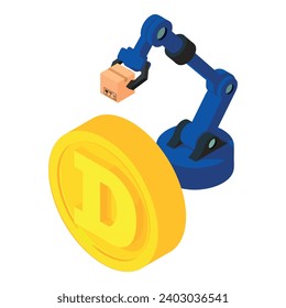 Dogecoin cryptocurrency icon isometric vector. Warehouse manipulator near coin. Digital money, cryptocurrency concept
